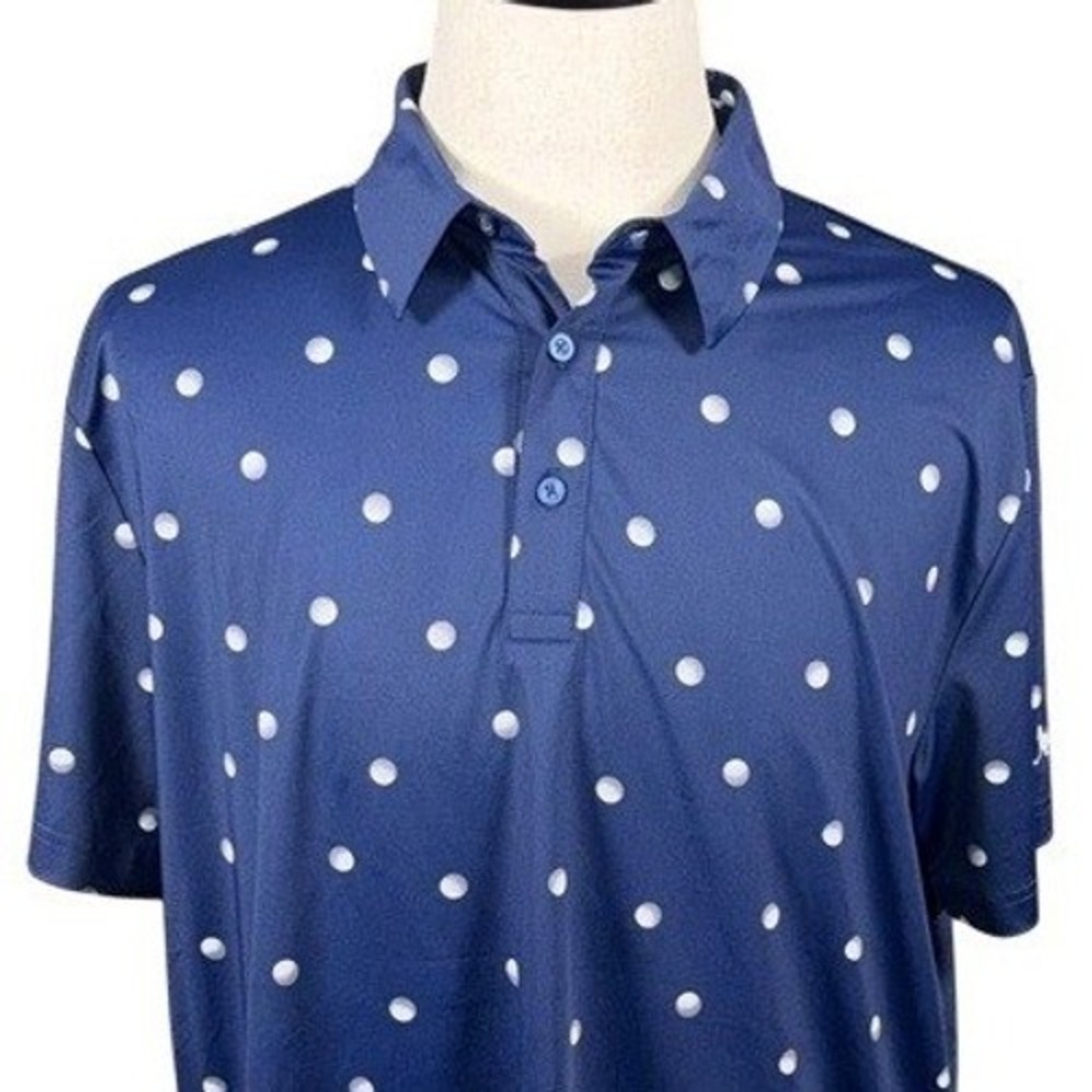 Birdie Bound Mens XL Navy Blue Golf Ball Polka Dot Performance Polo‎ Shirt